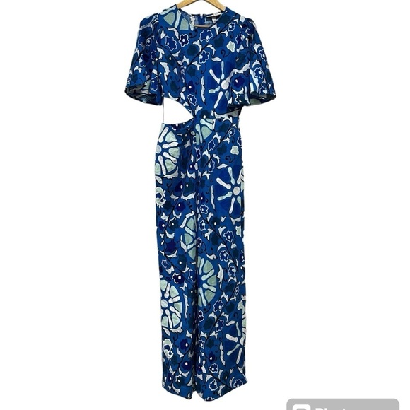 Women's Large Zinnia Floral Print Bell Sleeve Cut Out Jumpsuit RHODE Blue Size S - Picture 3 of 10
